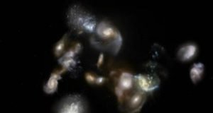 Assembly of massive galaxy cluster witnessed for the first time