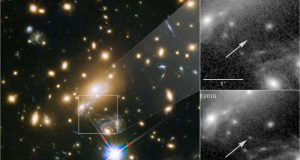 Gravitational lensing by sun like star in massive cluster reveals blue supergiant 9 billion light years away