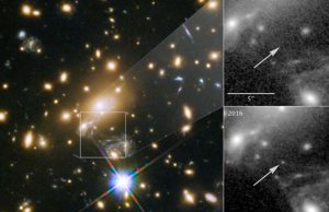 Gravitational lensing by sun like star in massive cluster reveals blue supergiant 9 billion light years away