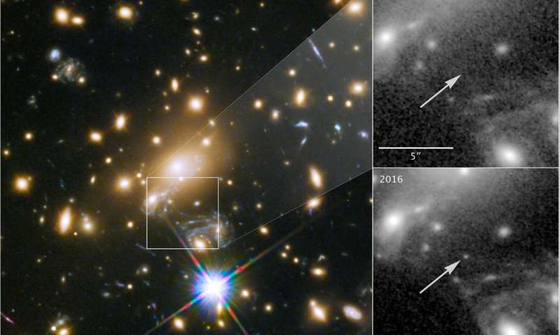 Gravitational lensing by sun like star in massive cluster reveals blue supergiant 9 billion light years away