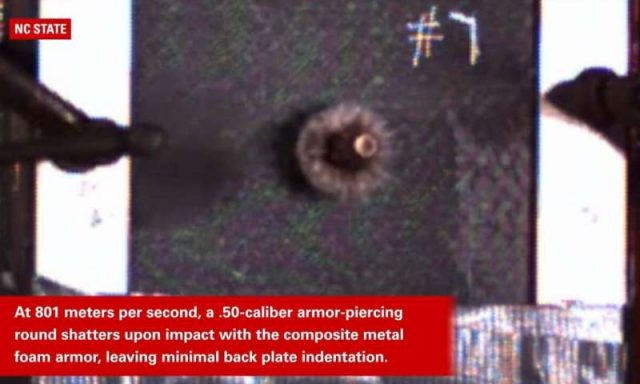 Metal foam stops .50 caliber rounds as well as steel – at less than half the weight Metal foam stops .50 caliber rounds as well as steel – at less than half the weight