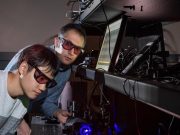 Laser pulse creates frequency doubling in amorphous dielectric material