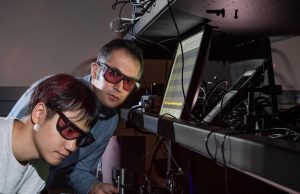 Laser pulse creates frequency doubling in amorphous dielectric material Laser pulse creates frequency doubling in amorphous dielectric material